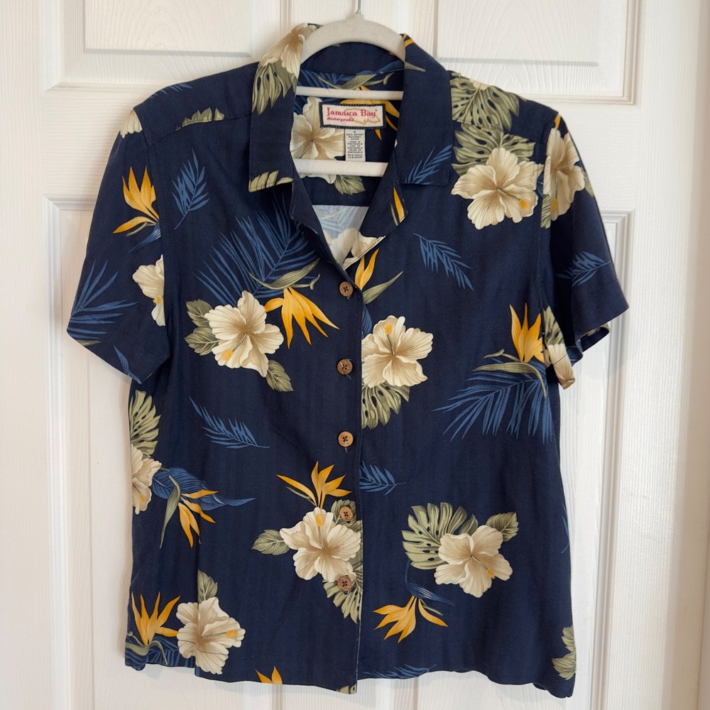 Jamaica Bay Womens Small Navy Blue Tropical Floral Rayon Button Down Camp Shirt